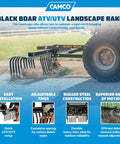 Black Boar ATV UTV landscape rake attached to vehicle, showcasing features for rock debris removal and land maintenance.