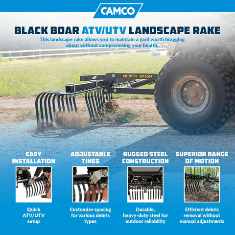 Black Boar ATV UTV landscape rake attached to vehicle, showcasing features for rock debris removal and land maintenance.