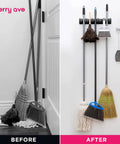 Comparison of brooms and mops on floor vs mounted on Heavy Duty Broom And Mop Wall Mount Organizer With Five Slots And Six Hooks Wall Mounted Broom Rack For Brooms Mops And Cleaning Tools No Fuss Space Saving Storage Solution For Kitchen Garage Laundry And Garden.