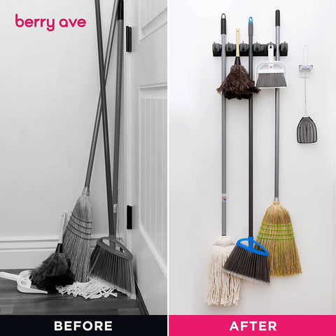 Comparison of brooms and mops on floor vs mounted on Heavy Duty Broom And Mop Wall Mount Organizer With Five Slots And Six Hooks Wall Mounted Broom Rack For Brooms Mops And Cleaning Tools No Fuss Space Saving Storage Solution For Kitchen Garage Laundry And Garden.