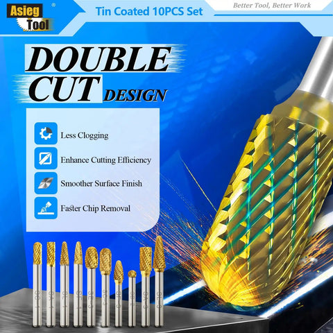 TiN Coated Double Cut Carbide Burr Set With One Quarter Inch Shank For Die Grinder Beefy Pro Grade Heavy Duty Metal Wood Carving