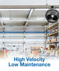 18 Inch Industrial Grade Ceiling Mount Fan Black For Beastly Air Circulation In Industrial Spaces With Powder Coated Steel Construction One Sixth HP Fully Enclosed Permanently Lubricated Motor Ten Foot Type SJT Power Cord installed in warehouse
