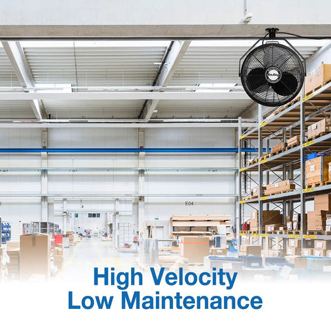 18 Inch Industrial Grade Ceiling Mount Fan Black For Beastly Air Circulation In Industrial Spaces With Powder Coated Steel Construction One Sixth HP Fully Enclosed Permanently Lubricated Motor Ten Foot Type SJT Power Cord installed in warehouse