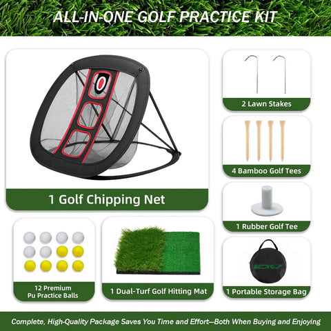 Golf Chipping Net Set With Mat And 12 Practice Balls for Backyard and Indoor Practice Portable All In One Golf Training Kit contents