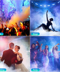 Scenes featuring 700W Fog Machine With Eight RGB LED Lights And Fourteen Colorful LED Effects for stage, wedding, club, and party events.