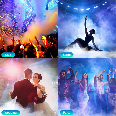 Scenes featuring 700W Fog Machine With Eight RGB LED Lights And Fourteen Colorful LED Effects for stage, wedding, club, and party events.