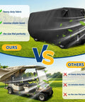 Comparison of Six Passenger Golf Cart Storage Cover For EZGO Club Car And Yamaha with heavy-duty fabric and elastic band fit.