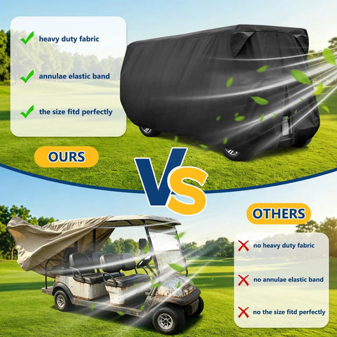 Comparison of Six Passenger Golf Cart Storage Cover For EZGO Club Car And Yamaha with heavy-duty fabric and elastic band fit.