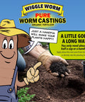 Image of Pure Organic Mineral Dense Worm Castings Fertilizer For Rich Soil, Better Aeration, Water Retention, Plant Growth Boost with cartoon character and hand using the product.