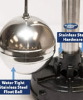 Close-up of Beefy Heavy Duty Half HP Cast Iron Pedestal Sump Pump With 3600 GPH Flow Auto Switch showing stainless steel float ball.