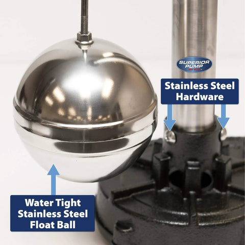 Close-up of Beefy Heavy Duty Half HP Cast Iron Pedestal Sump Pump With 3600 GPH Flow Auto Switch showing stainless steel float ball.