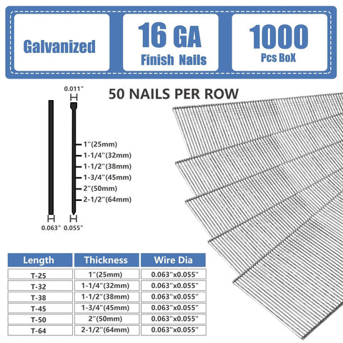 Hardcore Galvanized Finish Nails 16 Gauge 1 3/4 Inch 1000 Pack detailed image showing dimensions and specifications.