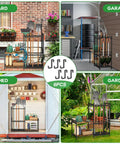 Heavy Duty Steel Garden Tool Rack With Two Tier Wooden Shelves And Six Hooks For Garage Organization, shown in various settings.