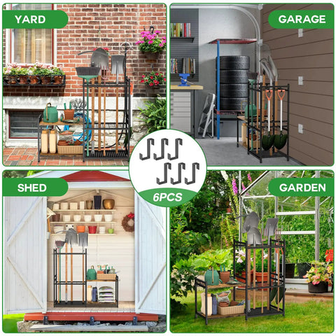 Heavy Duty Steel Garden Tool Rack With Two Tier Wooden Shelves And Six Hooks For Garage Organization, shown in various settings.