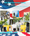 Display of 2K Smart Video Doorbell with Chime and other wireless security cameras, showcasing a 180 day exchange policy.