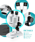 Grab And Go Portable Stereo Microscope With 20X And 50X Magnification, LED Light, WF Eyepieces, And 65 To 102 Mm Working Distance, Great For Insect Specimens And Mineral Studies, Includes 10 Slides And 12 Mineral Specimens. White stereo microscope with WF10X eyepieces, focus knob, and battery base.