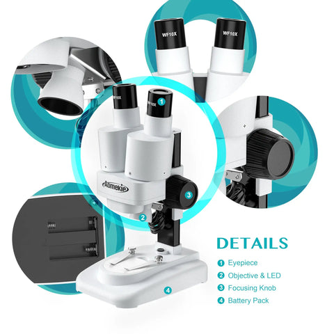 Grab And Go Portable Stereo Microscope With 20X And 50X Magnification, LED Light, WF Eyepieces, And 65 To 102 Mm Working Distance, Great For Insect Specimens And Mineral Studies, Includes 10 Slides And 12 Mineral Specimens. White stereo microscope with WF10X eyepieces, focus knob, and battery base.