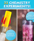 All In One Mega Science Lab Kit For Kids With 75 Easy Experiments Earth Science Chemistry Set And Magic STEM Projects For Boys And Girls Three Kits In One Kid Friendly Amazon Exclusive showing chemistry experiments of a rocket launch and underwater volcano.
