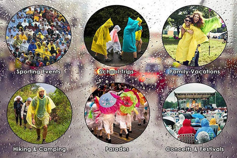 Collage of events showing people in Ultra Lightweight Reusable Rain Ponchos For Adults 2 Pack With Hood Unisex Waterproof
