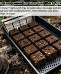 10 Pack 1020 Mesh Trays With Holes Heavy Duty Mesh Bottom Flats set holding soil blocks for microgreens and hydroponics.