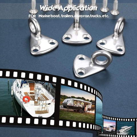 Four Top Shelf Heavy Hitter Stainless Steel Pad Eye Hooks Marine Grade for outdoor use with screws on blue background.