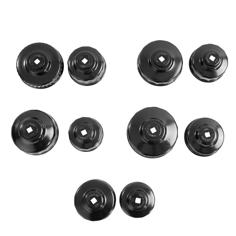 Ten Piece Cap Style Oil Filter Wrench Set For Easy Oil Changes With Strong Grip Red And Black Durable Sockets, Top View Display