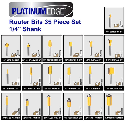 Premium Tungsten Carbide Router Bits Set 35 Piece Kit displayed individually with universal 1/4 inch shank in a grid format.
