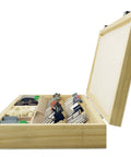 Open wooden case of the All In One 228 Piece Rotary Tool Accessories Kit For DIYers with shank tools, sanding bands, grinding stones visible.