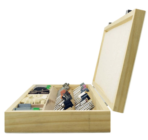 Open wooden case of the All In One 228 Piece Rotary Tool Accessories Kit For DIYers with shank tools, sanding bands, grinding stones visible.
