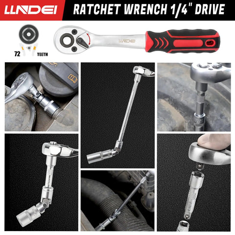 106-Piece 1/4 Inch Drive Socket Set With Wrench, Chrome Vanadium Steel in use with various angles and applications