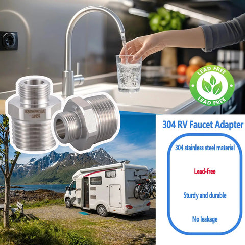 Lead-Free RV Faucet Adapter 1/2 to 3/8 Reducer for No-Fuss Faucet Hookups - Stainless Steel 304 Compression Fittings with kitchen setup.