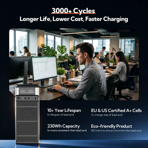 Rock Solid LiFePO4 Ups Battery Backup And Surge Protector With Pure Sine Wave Output And Eight Outlets Dual Metal Case in modern office setting.