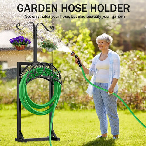 Outdoor Garden Hose Holder Stand With 5 Spikes And 2 Shepherd Hooks Freestanding Heavy Duty Hose Rack in garden setting