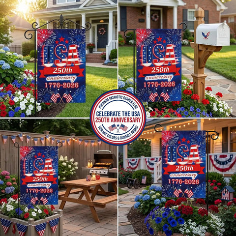 All American 250th Anniversary USA Garden Flag for Outdoor Celebration displayed in various outdoor settings