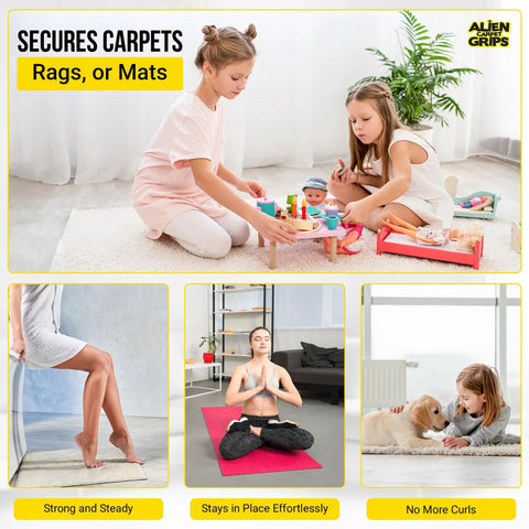 Children playing on a rug with Rug Gripper Tape for Area Rugs, 12 Pack 4x4 Inch Double Sided Non Slip Carpet Tape, reusable pads.