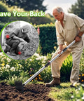 Man using Dual Head Weed Puller Tool With Long Handle And Garden Hoe Rake Combo for uprooting weeds in yard and flower beds.