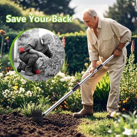 Man using Dual Head Weed Puller Tool With Long Handle And Garden Hoe Rake Combo for uprooting weeds in yard and flower beds.