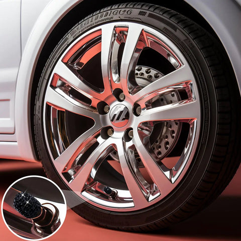 4Pcs Bling Crystal Diamond Tire Valve Caps Set Premium Dustproof Universal Wheel Stem Covers on shiny car wheel close-up