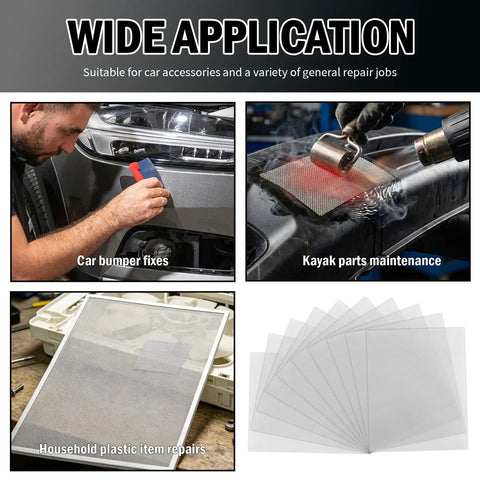 Collage showing uses of 10 Pack Plastic Welding Mesh For Bumper Repair And Reinforcement, including car fixes and maintenance