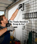 Heavy Duty Bike Hooks Set For Garage Storage Ceiling And Wall Mounts Holds Up To 50 Lbs Each 6 Pack Black Built Tough For Bikes Ladders And Gear In One Easy Mount displayed on garage wall grid with gloves.