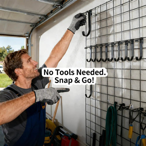 Heavy Duty Bike Hooks Set For Garage Storage Ceiling And Wall Mounts Holds Up To 50 Lbs Each 6 Pack Black Built Tough For Bikes Ladders And Gear In One Easy Mount displayed on garage wall grid with gloves.