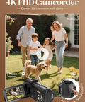 Family playing with dog, 4K Video Camcorder For YouTube Vlogging With 64MP Photos, 18x Digital Zoom, in action, wide view screenshot.