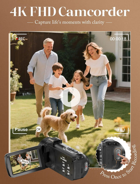 Family playing with dog, 4K Video Camcorder For YouTube Vlogging With 64MP Photos, 18x Digital Zoom, in action, wide view screenshot.