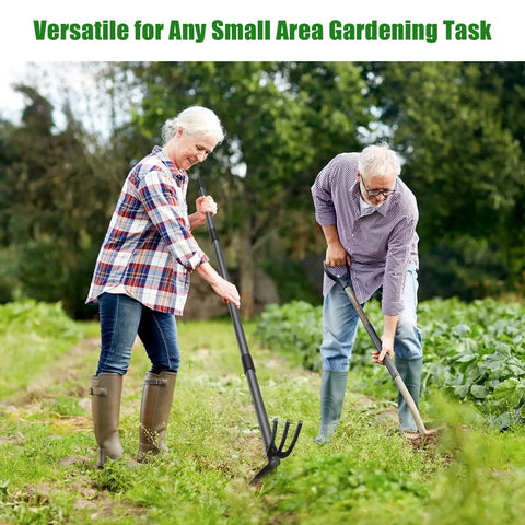 Two-In-One Garden Hoe Tool With Cultivator Rake And 45-Inch Handle used by people gardening