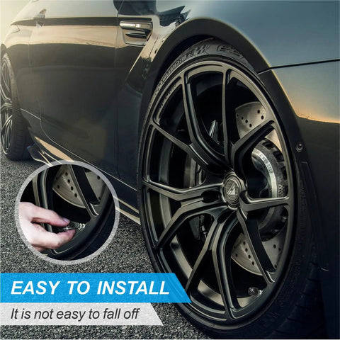 Dope Black Crystal Rhinestone Handmade Tire Valve Stem Caps 4 Pack Durable Easy Install Car Accessory For Stylish Rims And Wheels With Premium Shine And Leak Free Seal shown installed on a car wheel.