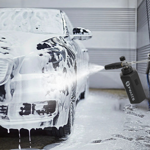 Adjustable Foam Cannon For Pressure Washer With Big Mouth Snow Foam Lance, 1.5 L Canister spraying thick foam on car