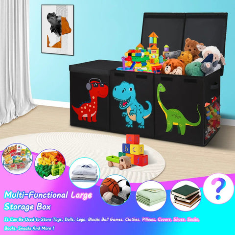 Giant Collapsible Toy Box With Lids Extra Large 40x16x16 Inches Storage Chest for Kids with dinosaur design, filled with toys
