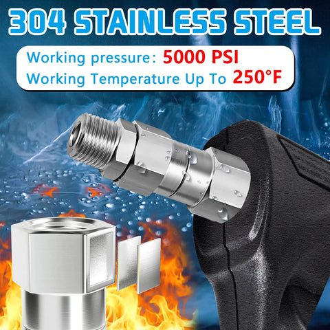 Pressure Washer Swivel Fitting Three-Eighth NPT Stainless Steel 360 Degree Kink-Free Connector High-Pressure 5000 PSI Joint For Hoses Quick And Easy Attachment Durable Steel Build For Heavy-Duty Cleaning, 304 stainless steel swivel fitting with 5000 PSI rating