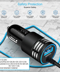 Hella Fast 48W USB C Car Charger With Slick Coiled Cable For Samsung And Apple Devices PD 3.0 QC 3.0 showing safety features and inputs.
