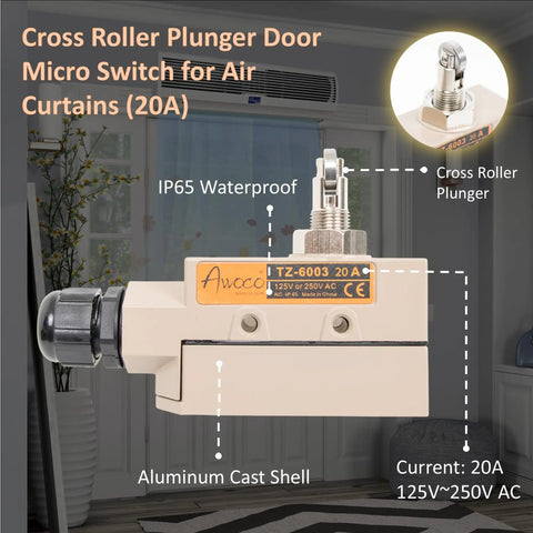 Built Tough Heavy Duty Commercial Door Micro Switch With Cross Roller Plunger For Air Curtains 250V 20A IP65 Waterproof